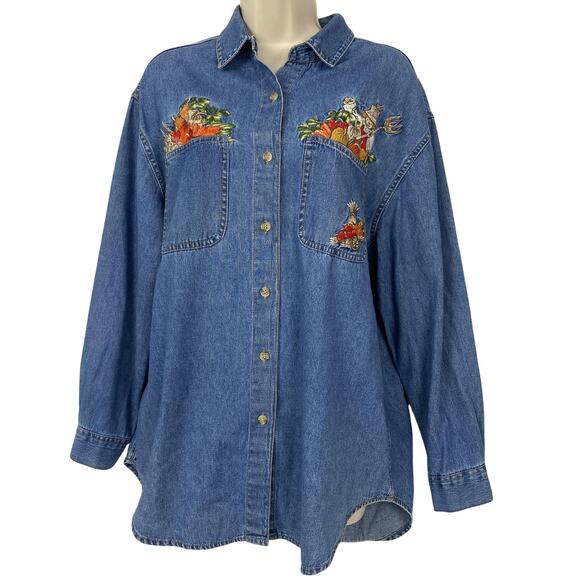 Vintage Fall Autumn Denim Shirt Womens Medium Embroidered Pumpkins Halloween 90s - Picture 1 of 16